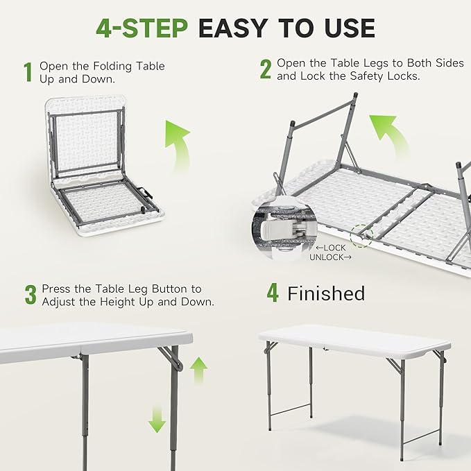 Folding Table 4 Foot - 3-Position Adjustable Height, Heavy Duty 400 lbs Capacity - Portable Tables Folding for Camping, Party, Indoor & Outdoor Use, 1 Pack-NeatNest
