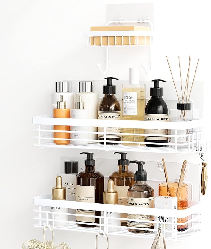 Orimade Adhesive Shower Caddy Soap Dish Holder Shelf with 5 Hooks Bathroom Organizer Basket Kitchen Storage Rack Wall Mounted No Drilling Stainless Steel - 3 Pack, White