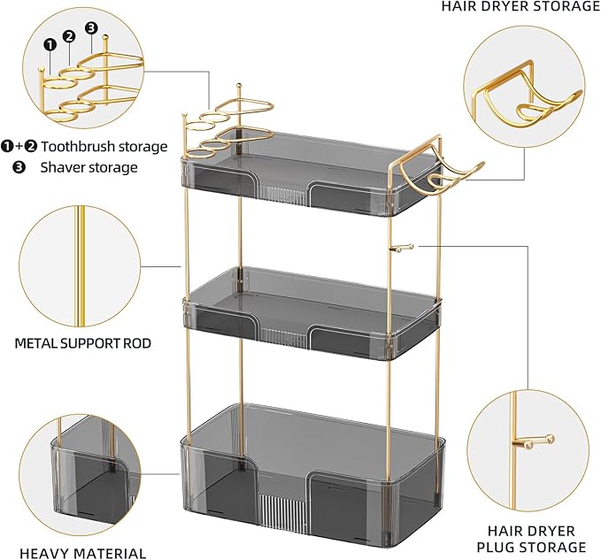 3 Tier Bathroom Organizer Countertop Makeup Perfume Tray Skincare Organizer Comes with Hair Dryer Rack and Toothbrush Holder for Bathroom Dresser Vanity (Grey)-NeatNest