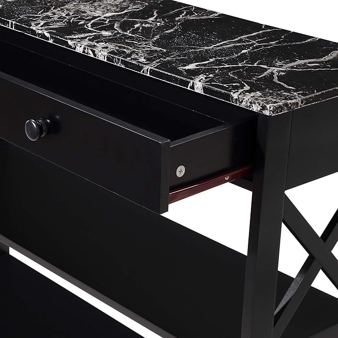 Convenience Concepts Oxford 1 Drawer Console Table with Shelves, Black Faux Marble/Black-NeatNest