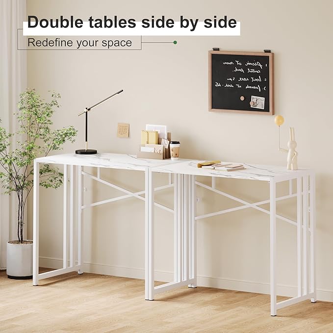 35 inch Folding Small Desk, Writing Gaming Computer Camping Desk for Small Spaces, No Assembly Required Home Office Table, White Marble-NeatNest