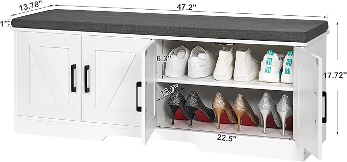 2-Tier Storage Bench, Shoe Bench with Padded Seat Cushion, Entryway Bench with 4 Barn Doors, Adjustable Shelf, 13.8" D x 47.2" W x 17.7" H, for Entryway, Living Room, Bedroom, White-NeatNest