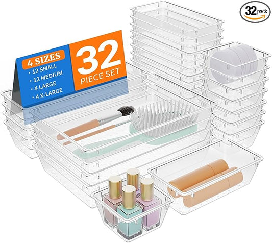 32 PCS Clear Plastic Drawer Organizer Set, 4-Size vanity organizer Trays and Storage Bins for Makeup, Jewelry and Gadgets in Bedroom, Bathroom and Office, Clear-NeatNest