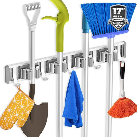 Broom Holder Wall Mount Mop and Broom Hanger Wall Mounted Garage Storage Rack Kitchen Garden Tool Organizer (4 Racks with 5 Hooks, Silver)-NeatNest