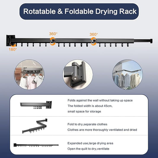 Clothes Drying Rack, Wall Mounted Clothes Hanger Rack Collapsible(Tri-Fold), Space Saver Clothes Rack for Laundry Balcony Mudroom Bedroom,Black-NeatNest