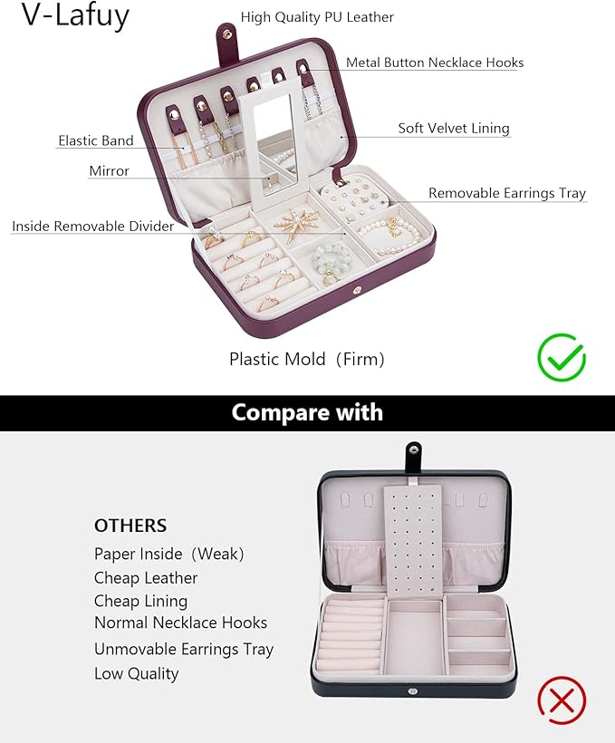 Jewelry Travel Organizer, Travel Jewelry Box Portable, Small Travel Jewelry Case with Mirror, PU Leather Small Jewelry Box for Women, Burgundy Red B-NeatNest