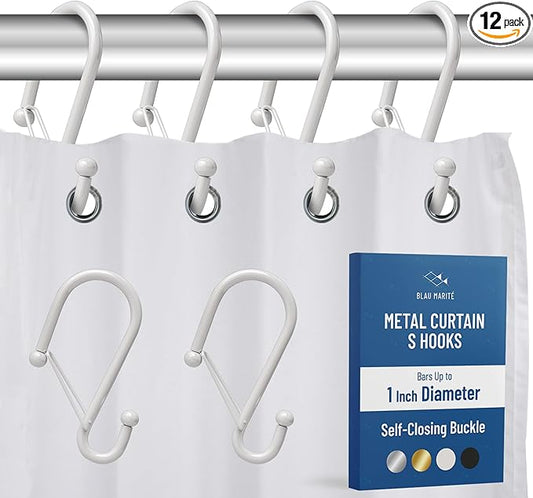 12 Decorative Metal Shower Curtain Hooks, S-Shaped Hooks with Anti-Fall System, Rust-Proof Shower Rings with Safety Buckle, Fits Rods Up to 1-Inch Diameter (S, White)-NeatNest