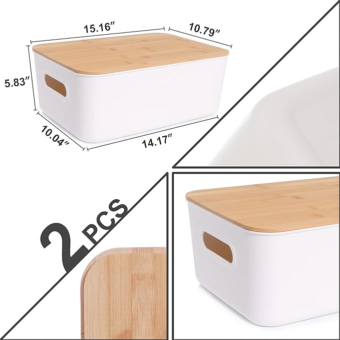 Citylife 2 PCS Storage Bins with Bamboo Lids Plastic Storage Containers for Organizing Stackable Storage Box with Handle, 15.16 x 10.79 x 5.83 inch-NeatNest