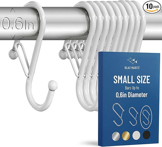10-Pack Metal S Hooks for Hanging – Heavy-Duty S-Shaped Hooks with Safety Buckle – Fits Bars up to 0.6 in – Anti-Drop Hooks for Kitchen, Pot Racks & Towel Bars – White (Small)-NeatNest
