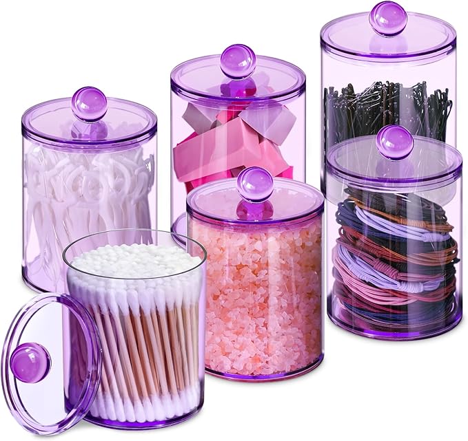 6 Pack Qtip Holder, Apothecary Jars Holder Dispenser, Bathroom Jars with Lids Set for for Cotton Swabs, Balls, Pads, Floss Picks,10oz-12oz Plastic Canisters(Purple)