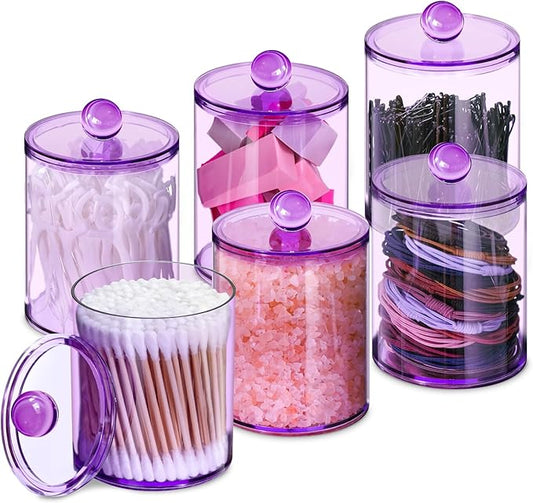 6 Pack Qtip Holder, Apothecary Jars Holder Dispenser, Bathroom Jars with Lids Set for for Cotton Swabs, Balls, Pads, Floss Picks,10oz-12oz Plastic Canisters(Purple)
