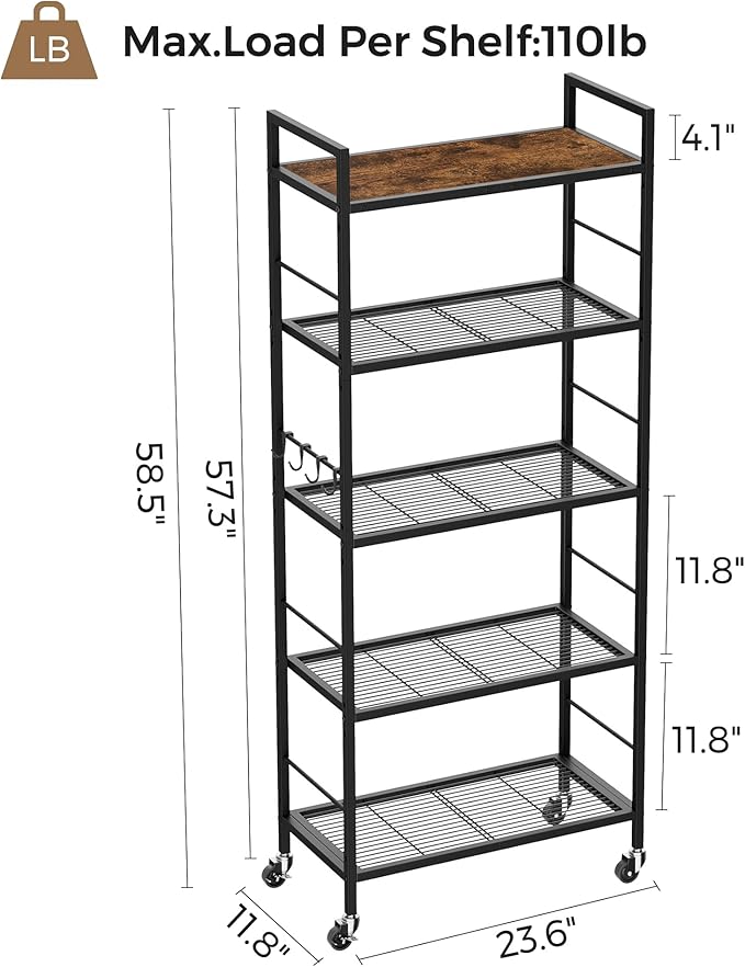 5-Tier Metal Storage Rack with Industrial Wheels,Mesh Shelving Unit with Wooden Table top,Adjustable Shelf,23.6-Inch Width,for Kitchen, Laundry,Pantry,Plant,Black