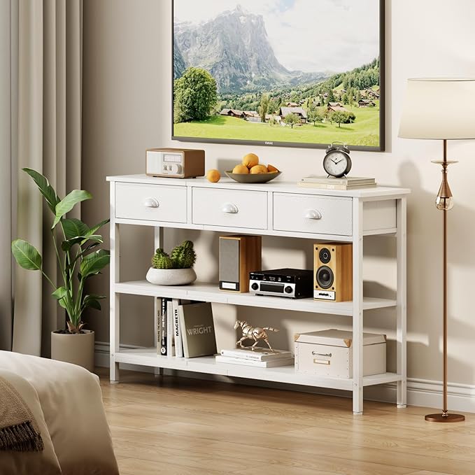 Furologee White Long 47" Console Sofa Table with 3 Drawers, Entryway Table with 3-Tier Storage Shelves, Display Shelf for Entry Way, Hallway, Couch, Living Room, Kitchen, Foyer-NeatNest