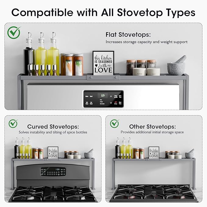 Bumusty Spice Rack Shelf for Kitchen Stove, 32" Stove Top Shelf, Adjustable Oven Spice Rack, Seasoning Organizer Kitchen Shelves, Grey-NeatNest