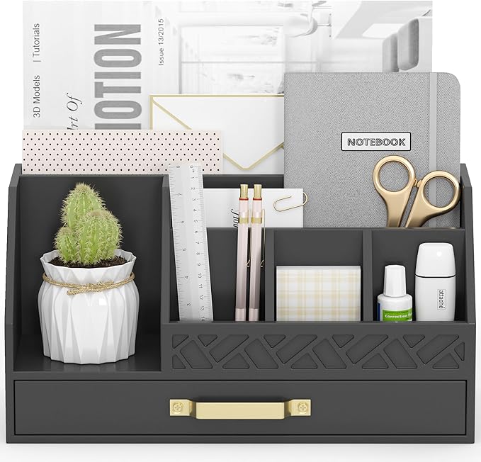 Bamboo Desk Organizer with Drawers, Mail Organizer Countertop Wood Desk Drawer Tabletop Storage Organization Pen Holder Letter Sorter Makeup Organizer for School Home Office (Black)-NeatNest