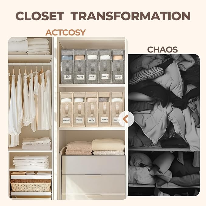 12Pack Sheet Organizers and Storage with Handles – Foldable Linen Closet Storage for King & Queen Sheet Sets – Clear Window & Removable Labels – Dustproof & Space-Saving Design, Grey-NeatNest