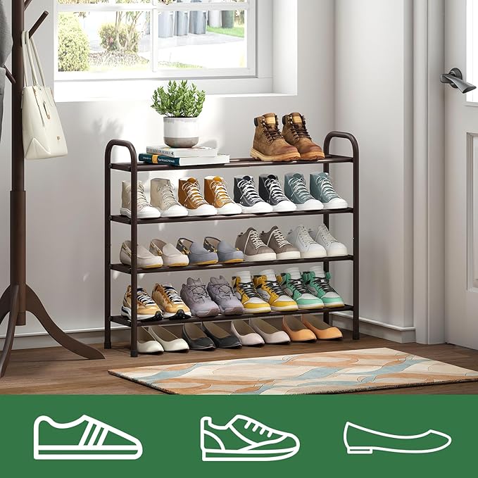 Metal Shoe Rack, Expandable Metal Shoe Rack for Closet, Entryway & Hallway (Brown, 4-Tier_Long)-NeatNest