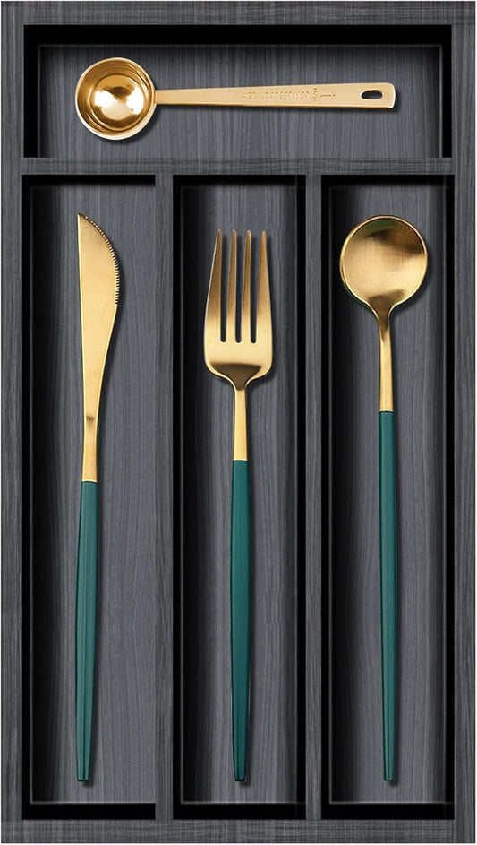 Small Cutlery Tray Narrow Wooden Silverware Organizer 12"x6.7" Spoon Kitchen Utensil Holder for Drawer Divider Bamboo Cutlery Drawer Organizers Storage Black Wood Silverware Tray Flatware Organizer-NeatNest