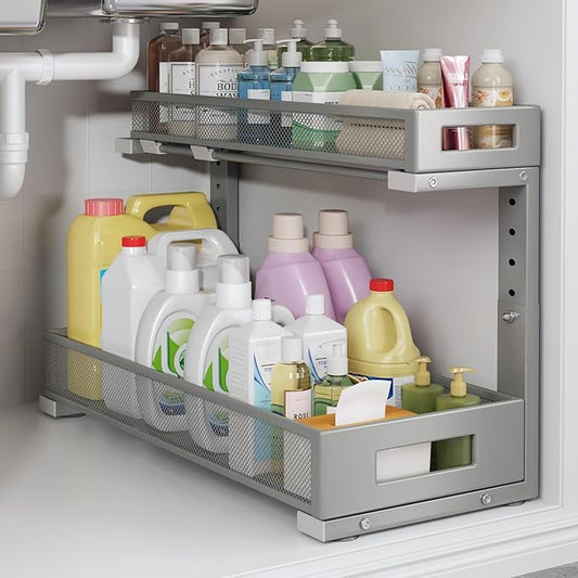 1 Pack 19IN Depth Under Sink Storage Organizer, Large 2-Tier Elegant Mesh Pull Out Shelf for Kitchen and Bathroom Cabinet Organization, L-Shaped and Adjustable Height Design-Gun Gray-NeatNest