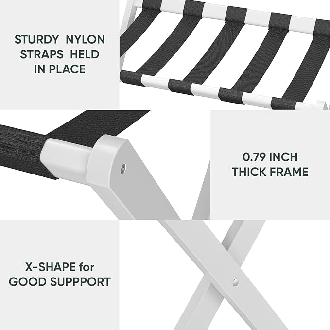2 Pack Luggage Rack, Folding Luggage Rack for Guest Room, White Bamboo Suitcase Stand Holds up to 131 lb, Luggage Stand with Storage Shelf for Hotel, Bedroom
