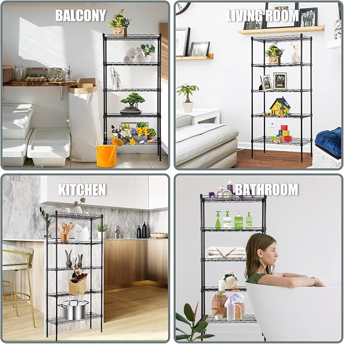 5-Tier Metal Shelving Unit Storage Shelves Metal Shelves 48"x21"x12" Heavy Duty Metal Storage Rack Wire Rack NSF Height Adjustable for Home Kitchen Bathroom Garage Shelving(Black)