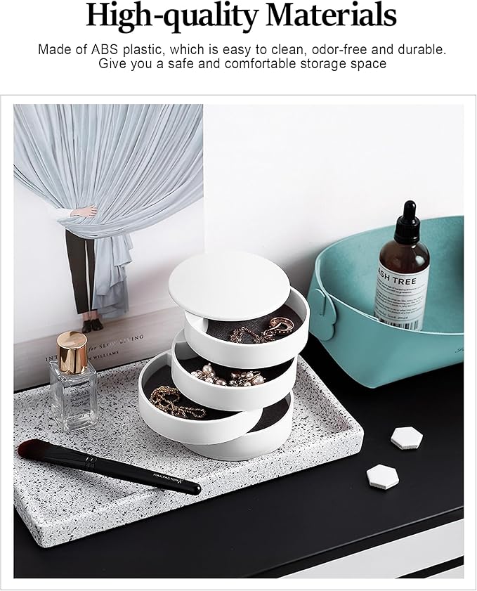 CONBOLA Jewelry Organizer, Small Jewelry Storage Box Earring Holder for Women, 5-Layer Rotating Travel Jewelry Tray Case with Lid for Bracelets Rings Bracelets, Gift for Women Teen Girls(White)-NeatNest