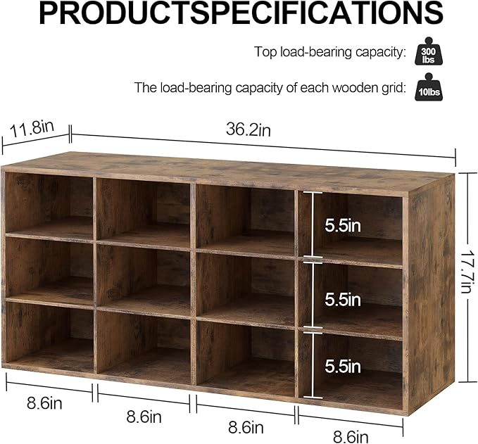 Garden 4 you Shoe Storage Bench, Cubby Shoe Rack with 12 Cubbies, 3-Tier Wood Shoe Rack Organizer, Shoe Organizer Cabinet for Entryway, Hallway, Closet and Garage, Brown-NeatNest