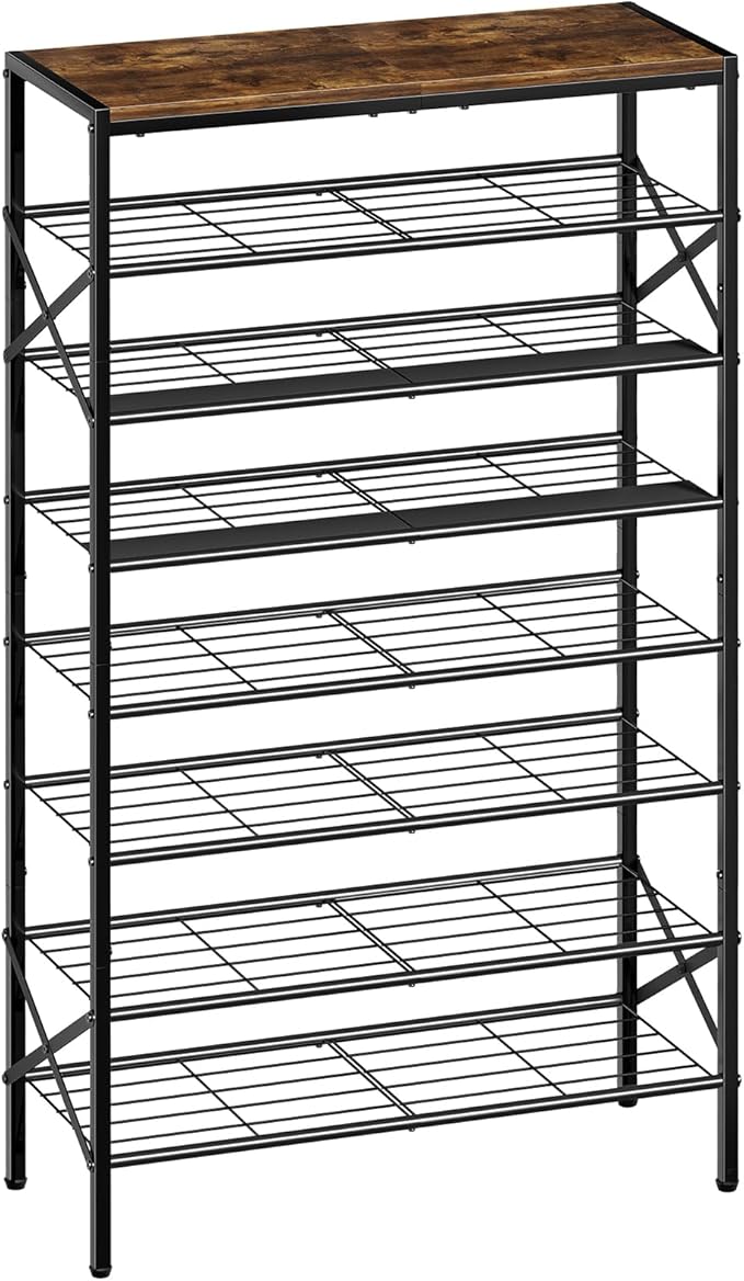 8-Tier Tall Shoe Rack Organizer Shoe Storage for Entryway 24-32 Pairs Metal Shoe Rack for Closet Heavy-Duty Shoe Rack with Wooden Top Shelf for Garage Rustic Brown-NeatNest