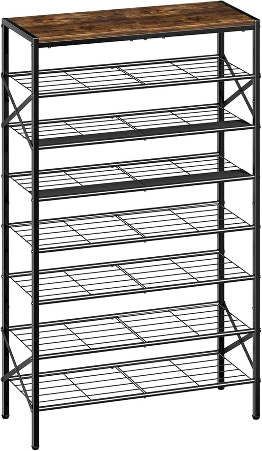 8-Tier Tall Shoe Rack Organizer Shoe Storage for Entryway 24-32 Pairs Metal Shoe Rack for Closet Heavy-Duty Shoe Rack with Wooden Top Shelf for Garage Rustic Brown-NeatNest