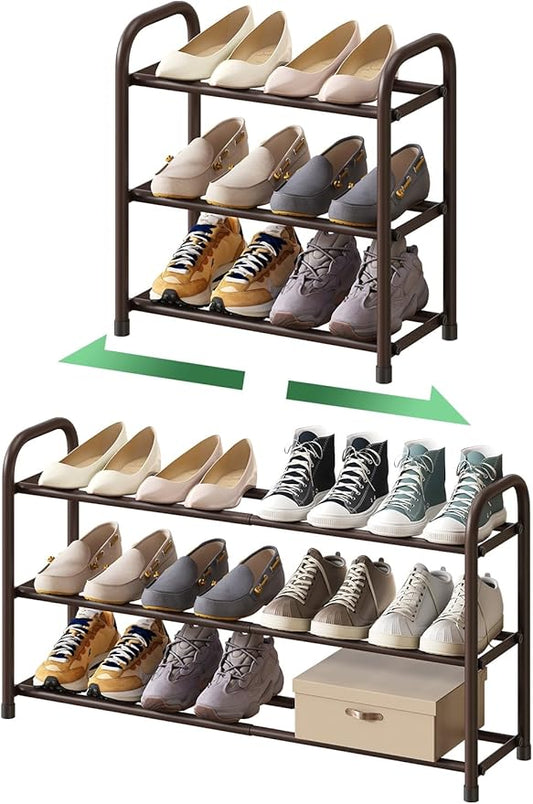 Expandable Shoe Rack for Closet, 3-Tier Shoe Organizer for Closet, Metal Adjustable Black Shoe Shelf Storage Organizer, Free Standing Shoe Rack for Entryway-NeatNest