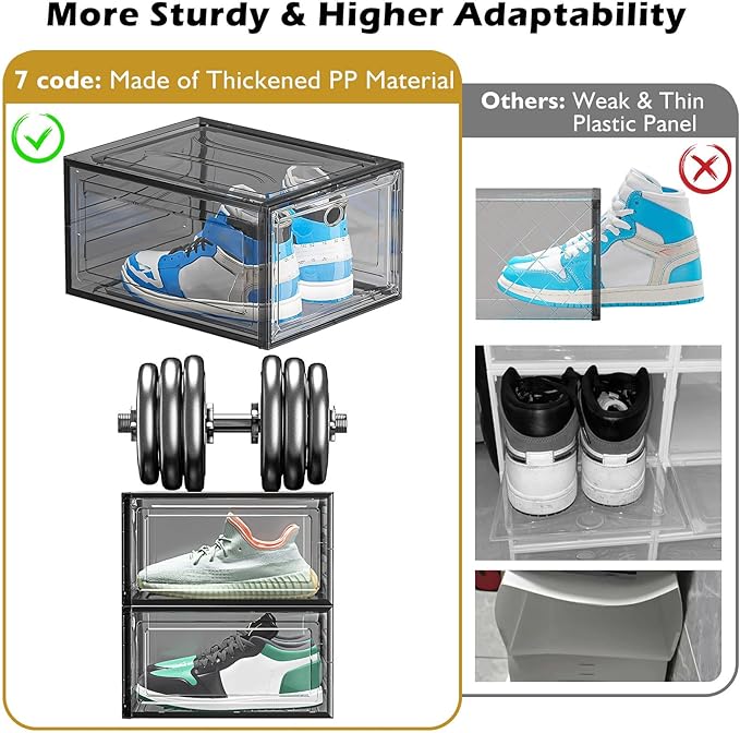 7 code Thicken & Sturdy Clear Shoe Storage Organizer with Magnetic Door, Stackable Boxes for Closet, Foldable Shoe Rack for Sneaker Boot Container, Plastic Shoe Cabinet Shoe Box 6 Pack, Black-NeatNest