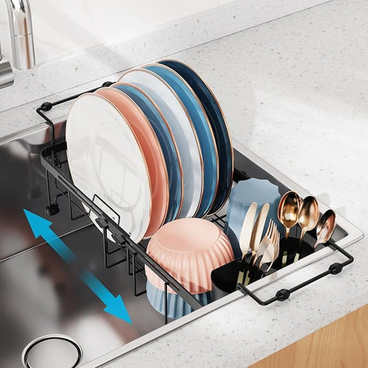 iSPECLE Small Sink Dish Drying Rack, Capacity Expandable Narrow Dish Drainer for RV Apartment Kitchen with Utensil Holder, Black