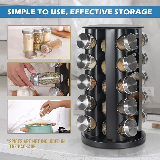 Black Countertop Revolving Spice Rack, Empty 20-Jars Rotating Spice Rack Organizer, Round Carousel Tower, 135 Spice Labels with Funnel Complete Set, for Kitchen Countertop, Cabinet-NeatNest