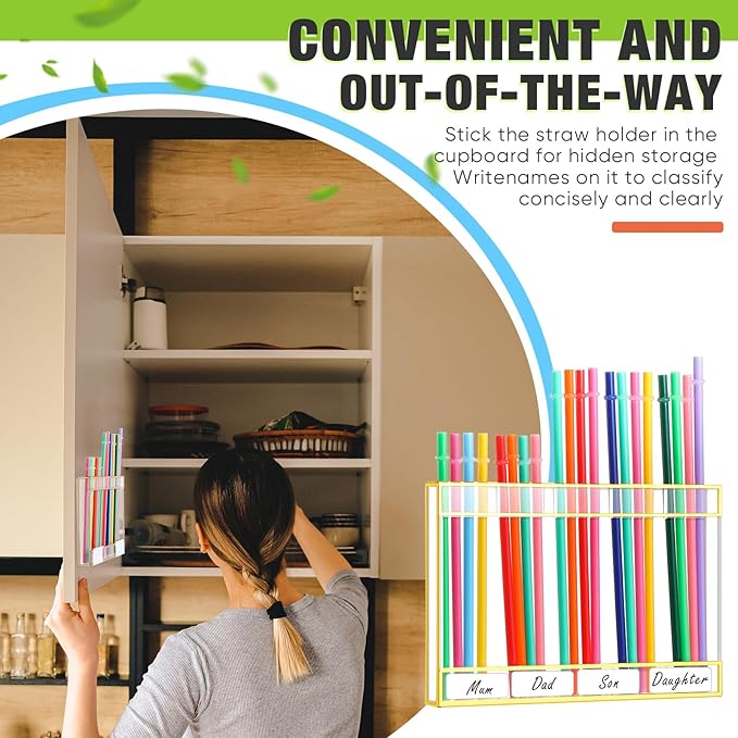 Acrylic Straw Holder for Cabinet Door with Double Sided Adhesive Tape Reusable Straw Organizer Tumbler Storage Kitchen Accessories Container for Counter Cupboard(Gold Trim,Large,Clear)