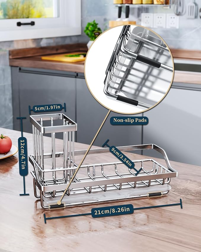 Consumest Sink Caddy, Kitchen Sponge Holder with Dish Brush Holder, Kitchen Organizer with Drip Tray for Countertop, Stainless Steel Rustproof - Silver-NeatNest