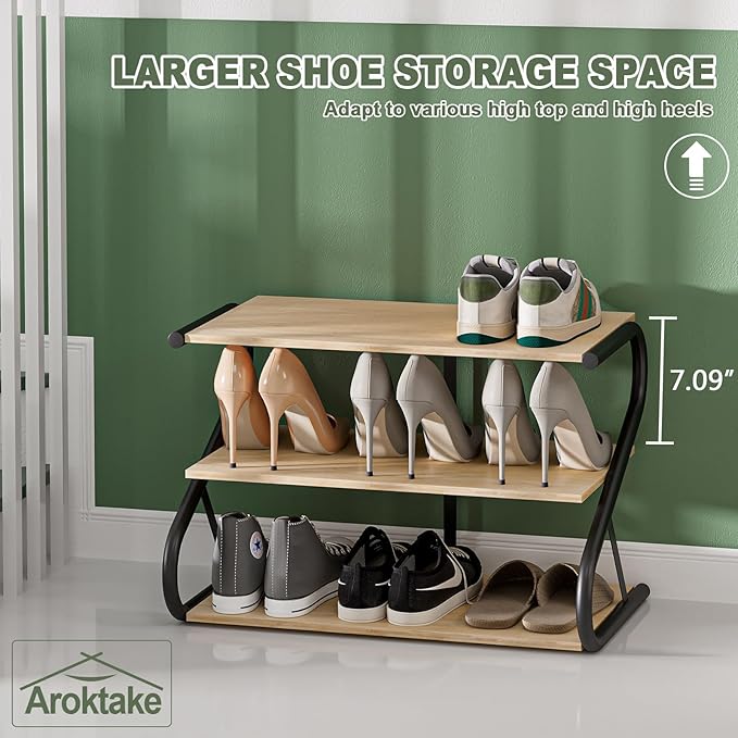 Shoe Rack, Z-Frame Wooden 3-Tier Shelf with Durable Metal Shelves, Shoe Organizer for High Heels, Hallway, Living Room, Closet, Bedroom (Natural Wood)-NeatNest