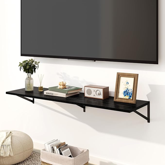 Fun Memories Floating Shelves for Wall, 12 Inch Deep Floating Shelves Set of 2, 48W x 12D Large Wall Shelf with Sturdy Metal Brackets for Living Room, Bathroom, Bedroom and Kitchen, Black-NeatNest