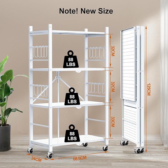 Himix Storage Shelves with 20 Hooks, 4-Tier Foldable Shelves for Storage, Folding Shelf Unit Pantry Shelves with Wheels, Metal Shelving Storage Rack Shelf for Kitchen Garage Home, White - No Assembly
