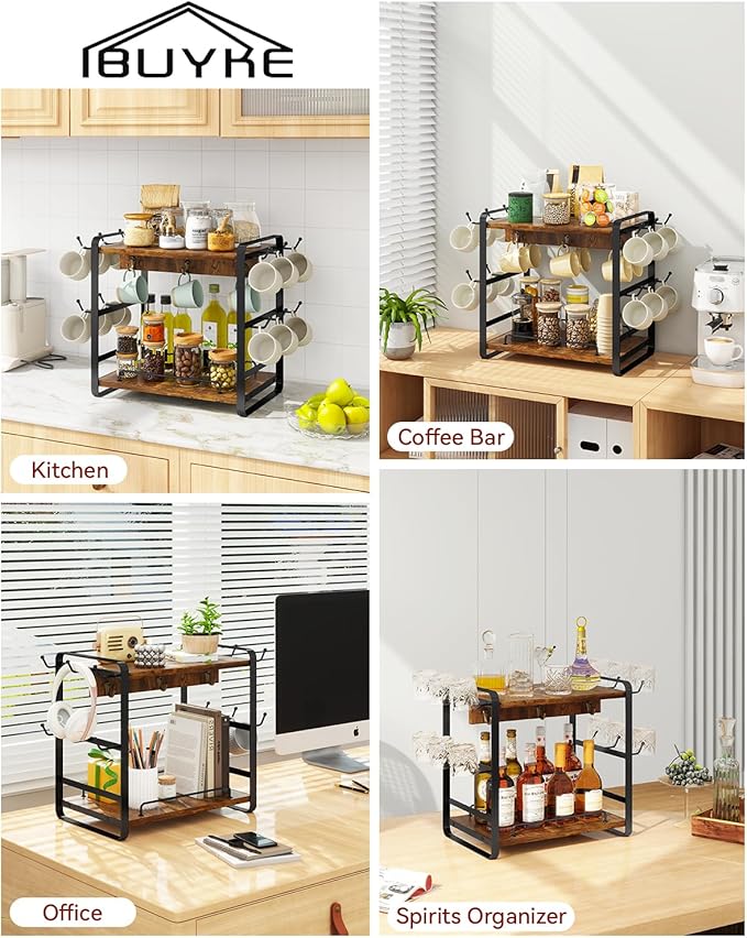 IBUYKE Coffee Bar Station Countertop Organizer,2 Tier Kitchen Mug Cup Holder Stand,Wooden Coffee Mug Organizer with 18 Hooks,Multifunctional Mug Tree for Home Kitchen, Office,Vintage Brown UTBJ006H-NeatNest