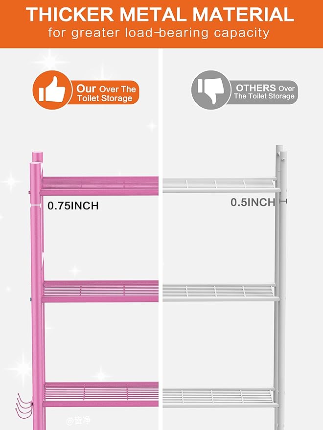 3-Tier Over The Toilet Storage, Space Saver Metal Bathroom Shelves, Freestanding Above Over Toilet Storage Shelf with 4 Hooks for Bathroom, Pink-NeatNest