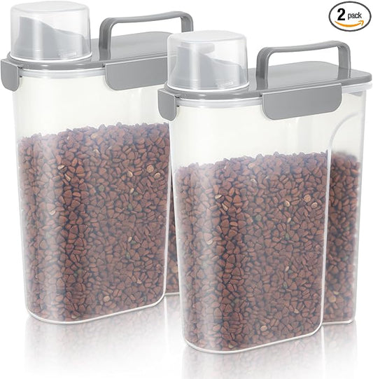5-7Lbs Dog Cat Food Storage Container with Upgraded Large Nozzle BPA-free, 4 Snap Seals Plastic Pet Food Storage Containers with Handles (2, Light Gray, 5L)-NeatNest