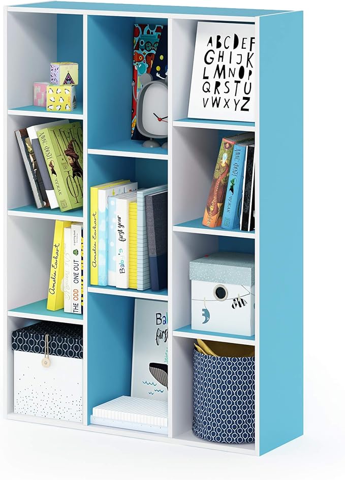 Furinno Luder Bookcase / Book / Storage , 11-Cube, White/Light Blue-NeatNest