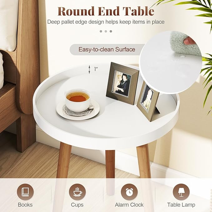 Giantex Round Side Table, End Table with Wooden Tray, Sturdy Tripod Stand & Premium Metal Connectors, Round Sofa Side Table for Living Room, Office, Bedroom Nightstand, White (1)