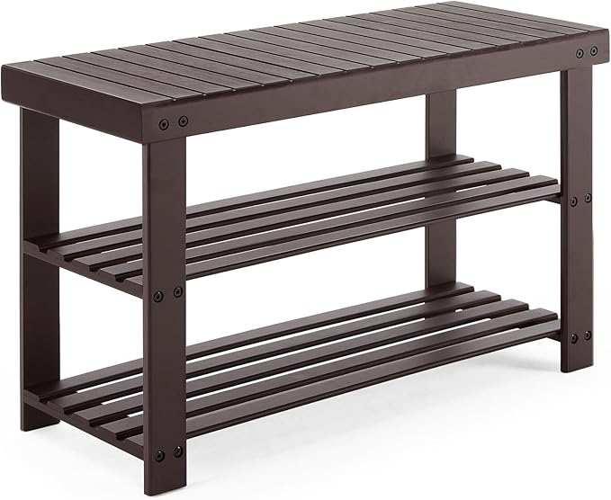 Sweetcrispy Shoe Rack Bench, 3-Tier Bamboo Entryway Storage Organizer, 286lb Capacity, Shoes Stand for FrontDoor Entrance, Bedroom, Living Room, Bathroom, Balcony, 11.3 x 27.6 x 17.8 Inches, Brown-NeatNest