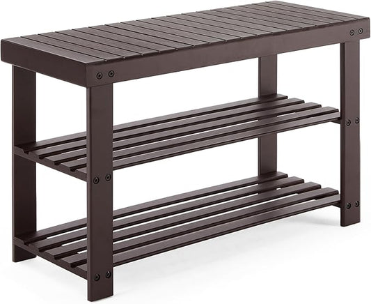 Sweetcrispy Shoe Rack Bench, 3-Tier Bamboo Entryway Storage Organizer, 286lb Capacity, Shoes Stand for FrontDoor Entrance, Bedroom, Living Room, Bathroom, Balcony, 11.3 x 27.6 x 17.8 Inches, Brown-NeatNest