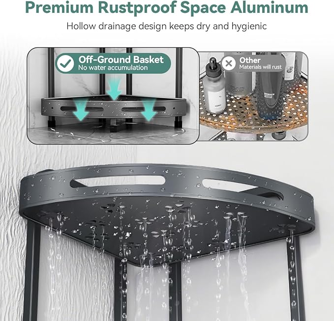 Corner Shower Caddy Standing, 3-Tier Rustproof Shower Organizer with Soap Holder, Aluminum Shower Shelf Stand for Bathroom Storage, Gray