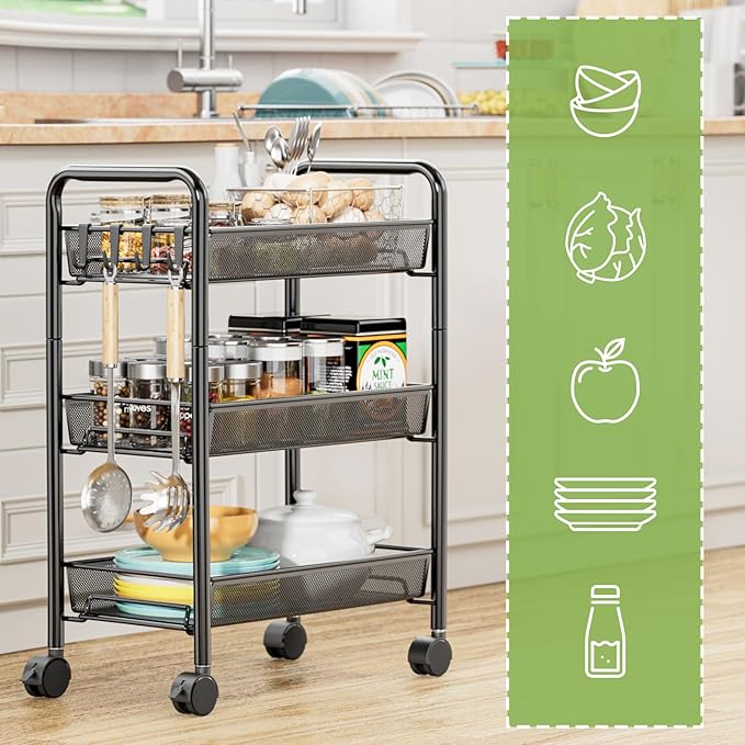 JANE EYRE 3-Tier Rolling Utility Storage Rack Cart on Wheels, Trolley Craft cart, Multi-Purpose Organizer Shelf, Black-NeatNest