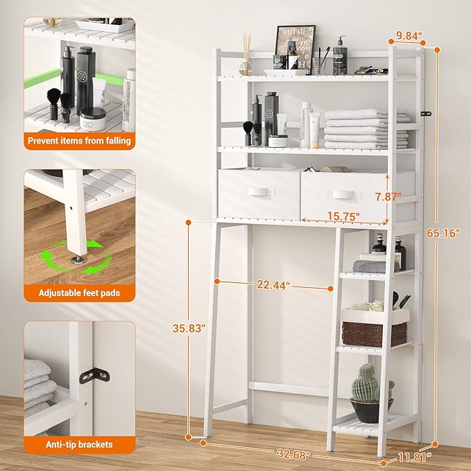Homykic Over The Toilet Storage Shelf with 2 Fabric Drawers, Bamboo Above Toilet Organizer Tower Rack with Toilet Paper Holder Stand, Bathroom Space Saver, Mass Storage, No Rust, White