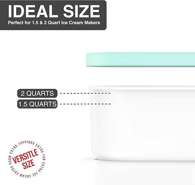 BALCI - Ice Cream Container - 2 Quart - Perfect Reusable Freezer Storage for Homemade Ice Cream Tubs for Sorbet, Frozen Yogurt and Gelato! - Flexible Silicone Lids, Long Scoop, Stackable - Mint