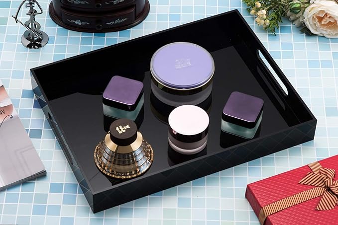 Glossy Black Sturdy Acrylic Serving Tray with Handles - 10x15 Inch, Coffee, Appetizer, Breakfast Tray - Butler, Kitchen to Vanity Table, Decorative-NeatNest